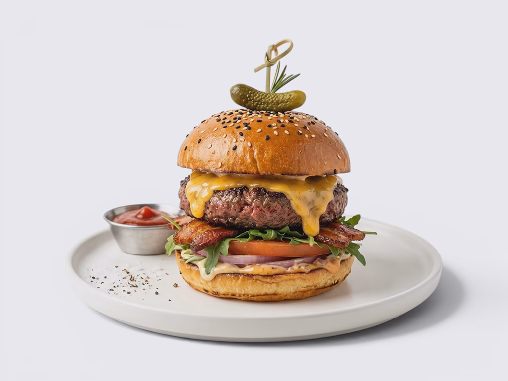 Gourmet burger with melted cheese — professional food shoot